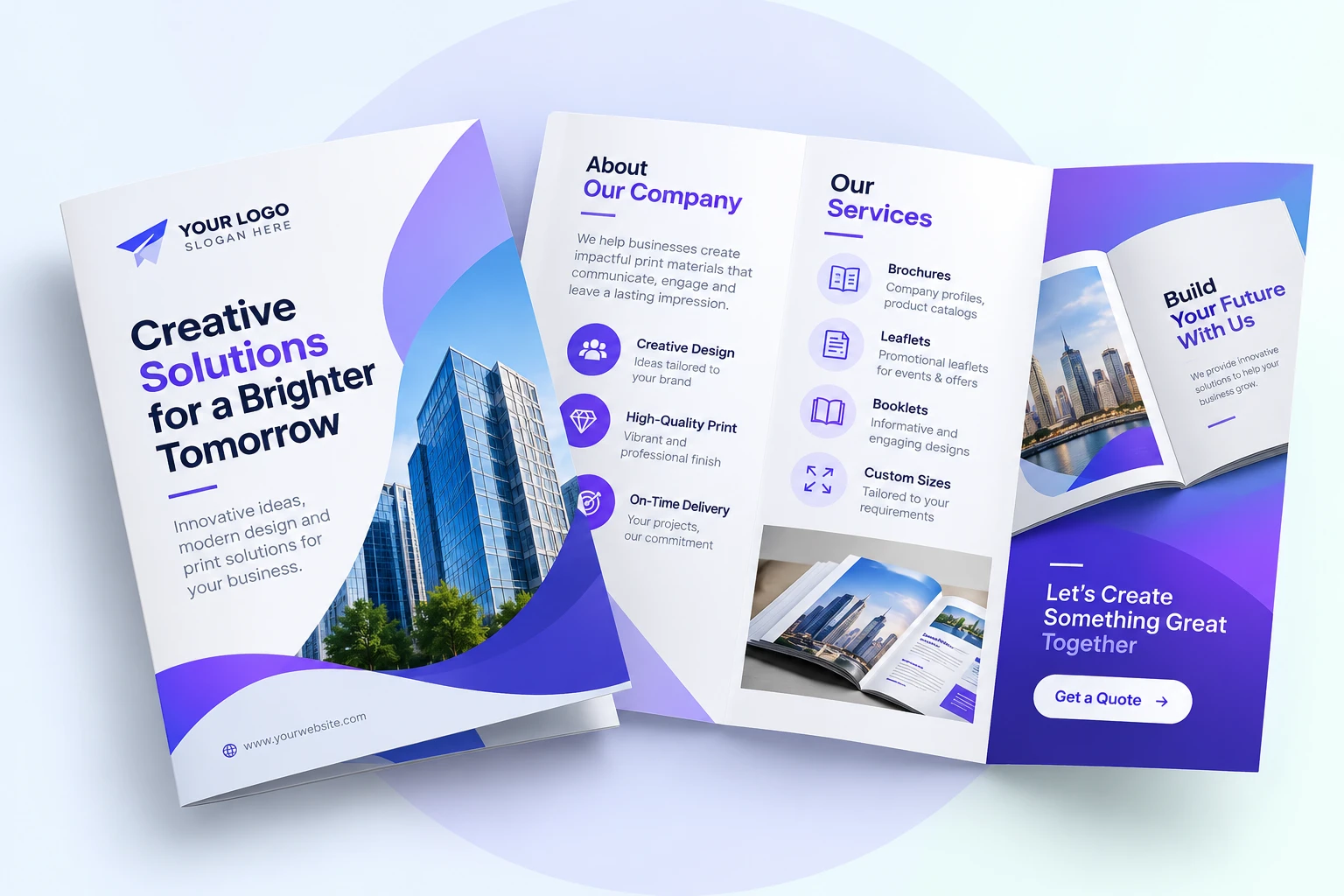 Tri-fold brochure shown closed and opened flat