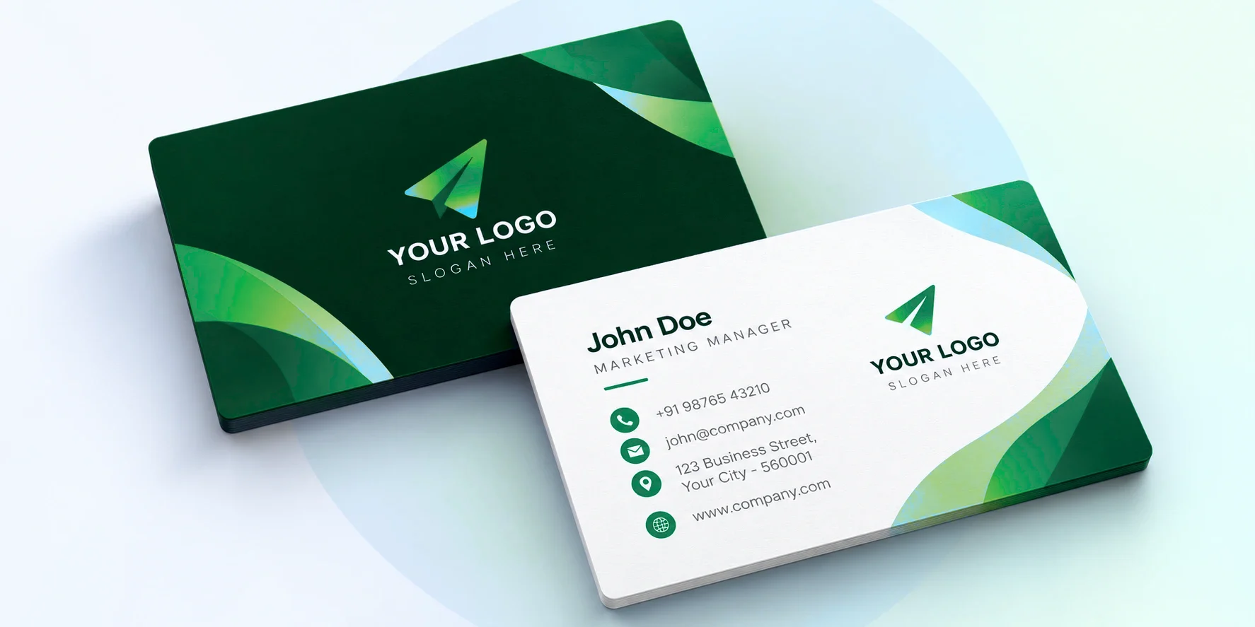 Premium dark green and white business cards with a green wave design