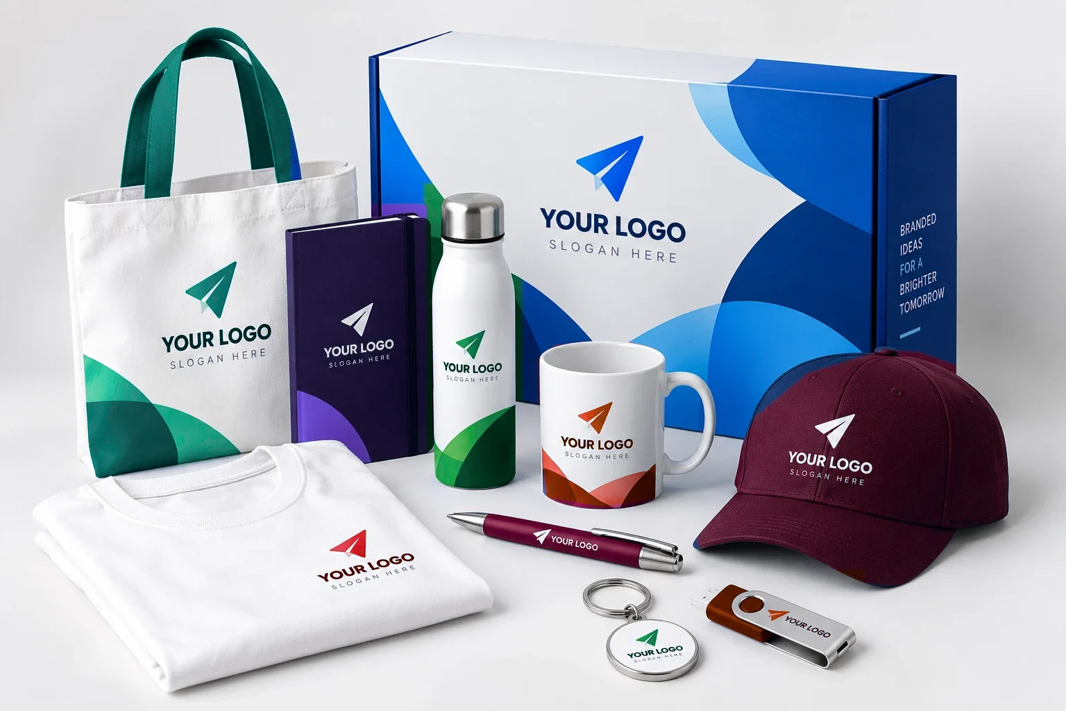 Branded tote bag, notebook, drink bottle, mug and pen