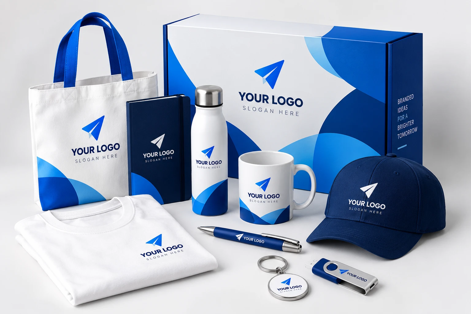 Branded promotional kit with tote bag, bottle, mug, cap and merchandise